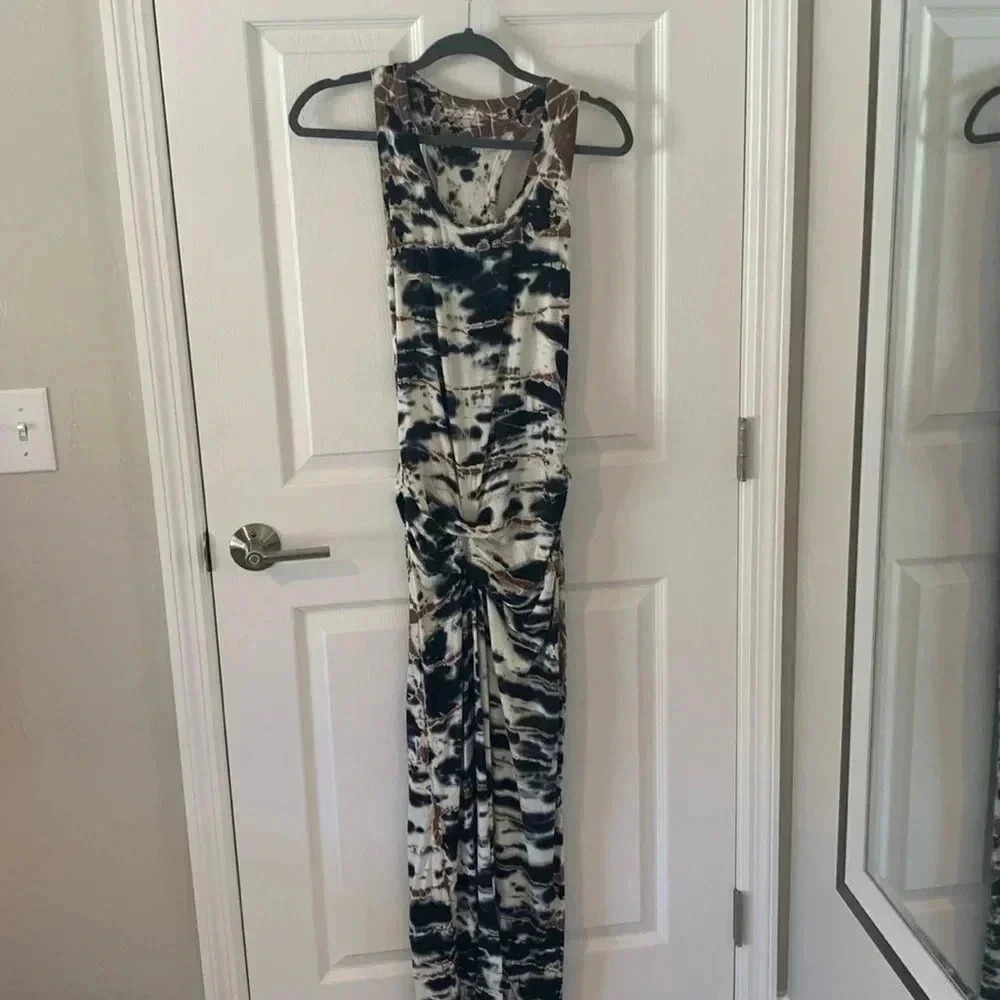 Tie Dye ruched bodycon maxi dress black and tan size small